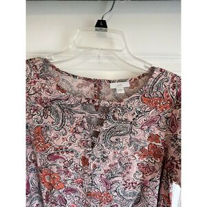 J Jill Collection Pink Paisley Dress Women's Med Short Sleeve Lattice Neck SZ S